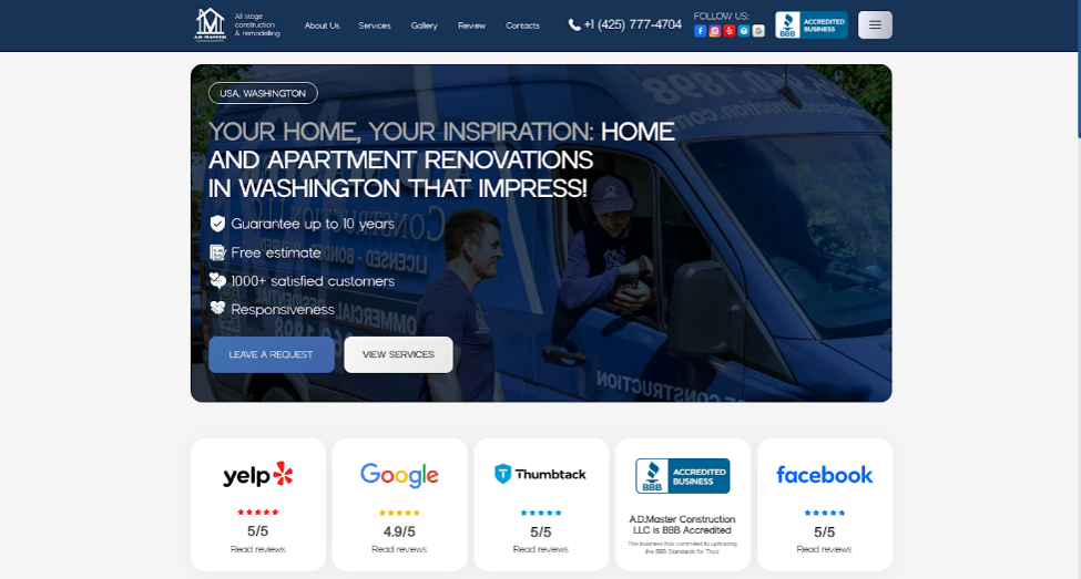 A view of A.D. Master Construction LLC’s website.