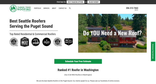 Three Tree Roofing website snapshot.