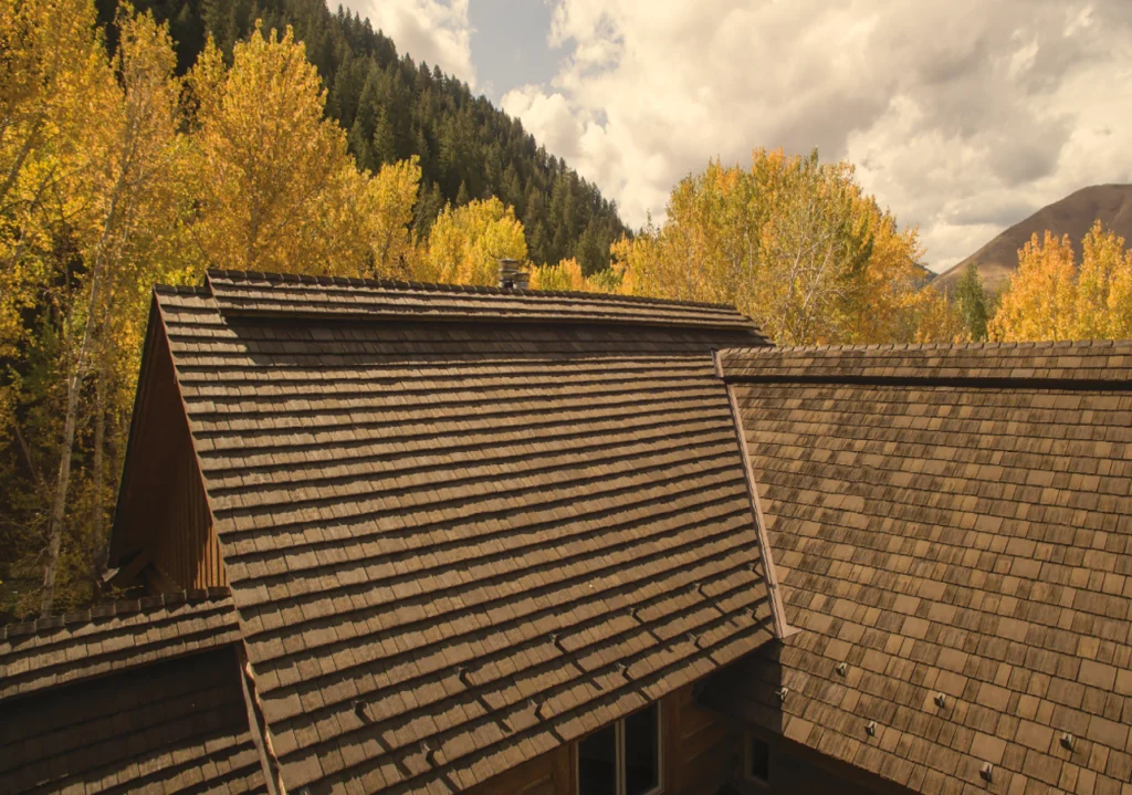 Synthetic wood shingles for a rustic home design.
