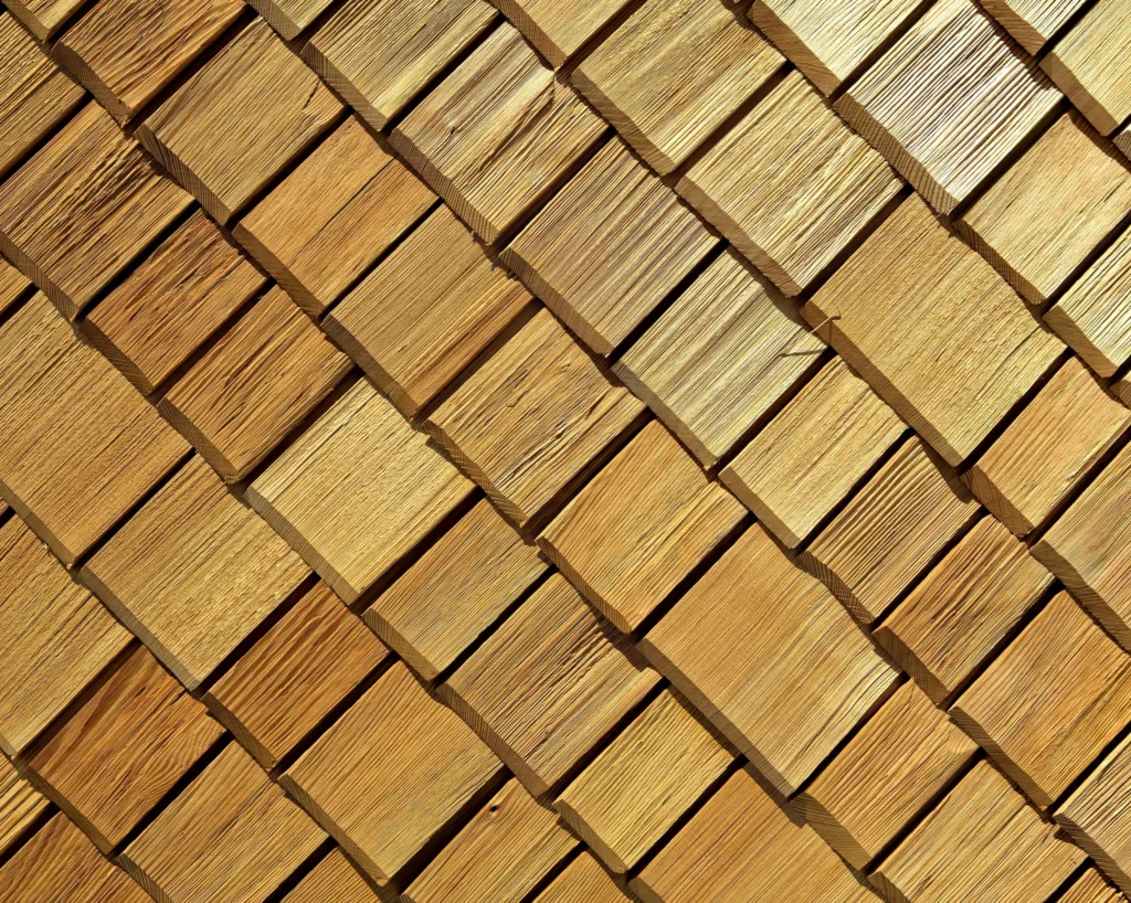 An image of natural cedar shakes up close. 