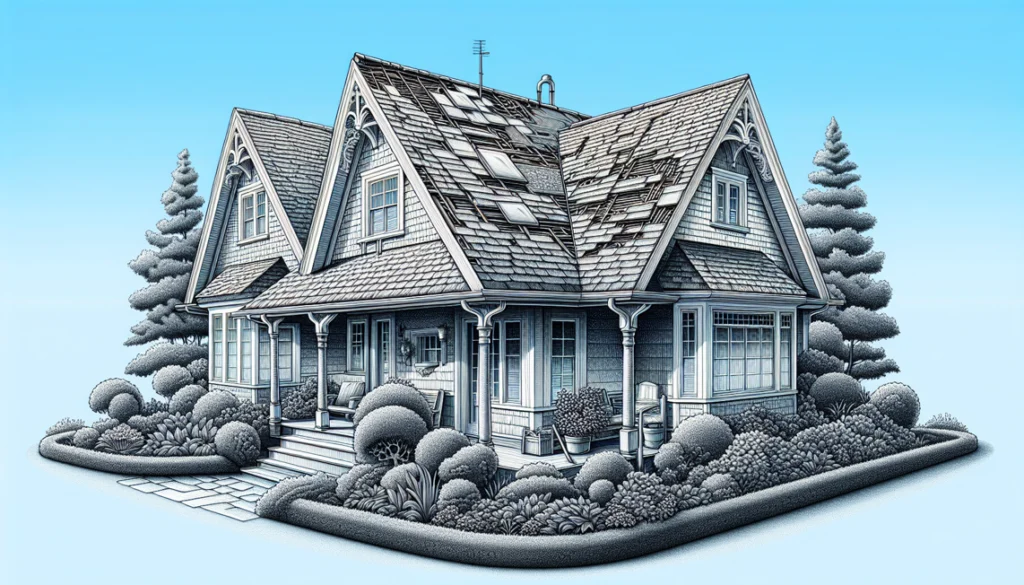 Illustration of a home with damaged wood shake shingles in need of roof replacement.