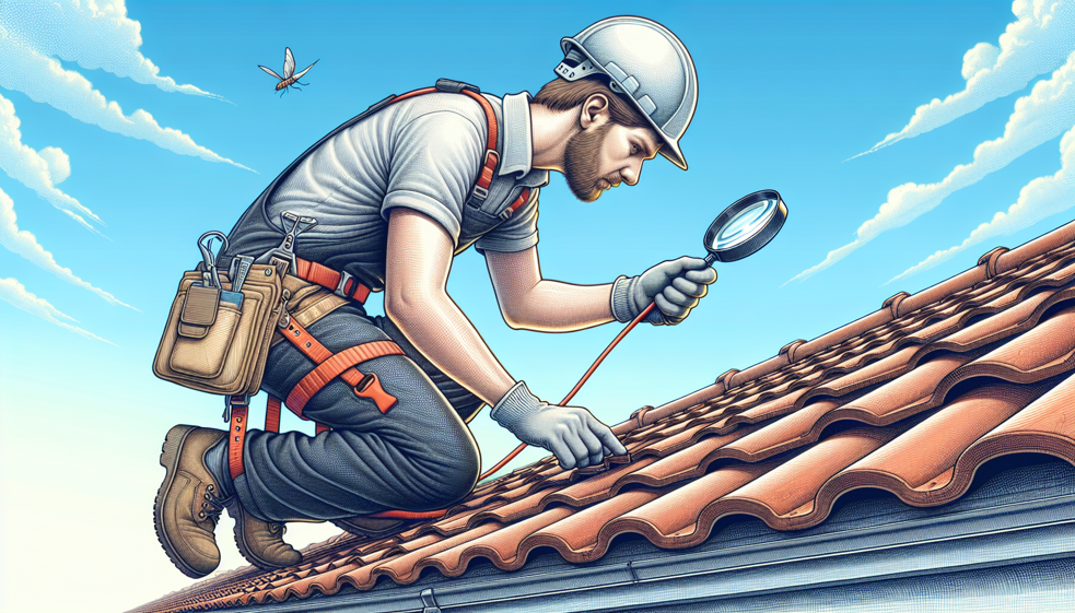 Illustration of a roofing contractor inspecting a roof for damage.