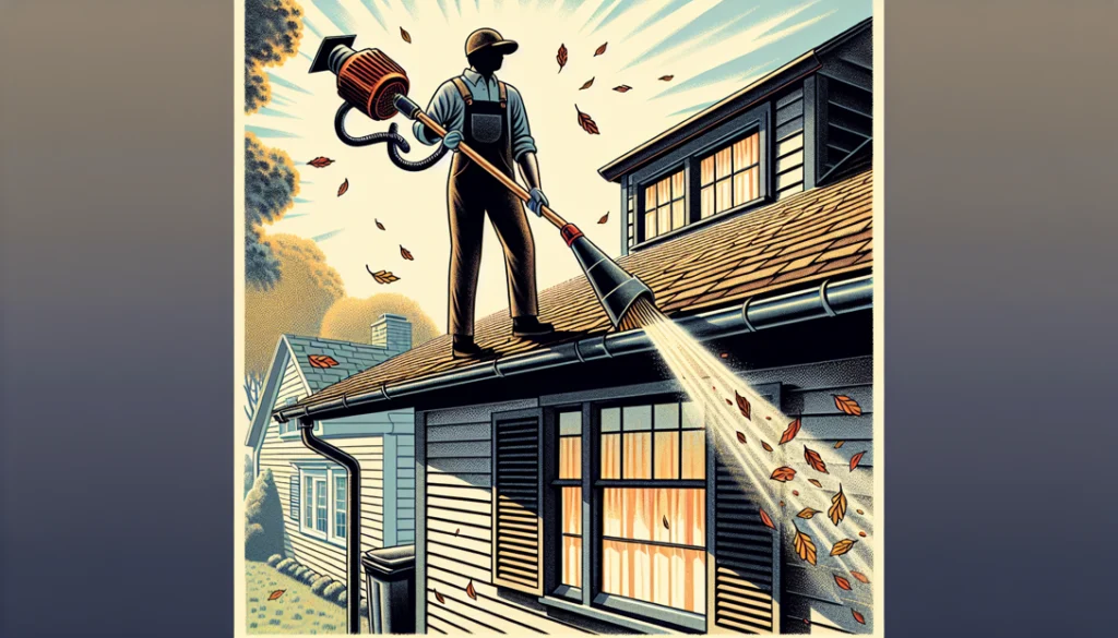 Illustration of a homeowner using a leaf blower to clear debris from a roof and gutters.