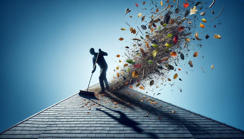 Person sweeping leaves and debris from a synthetic shingle roof.