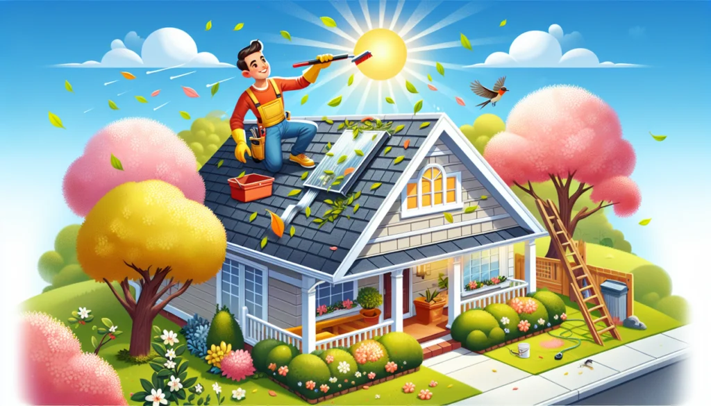 Illustration of a homeowner removing leaves and debris from a synthetic shingle roof.