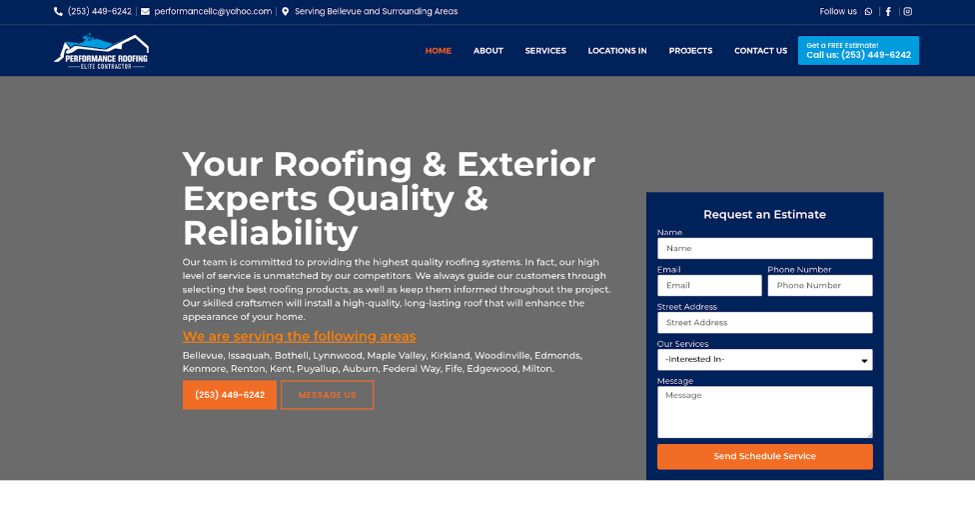 Performance Roofing and Construction LLC homepage.