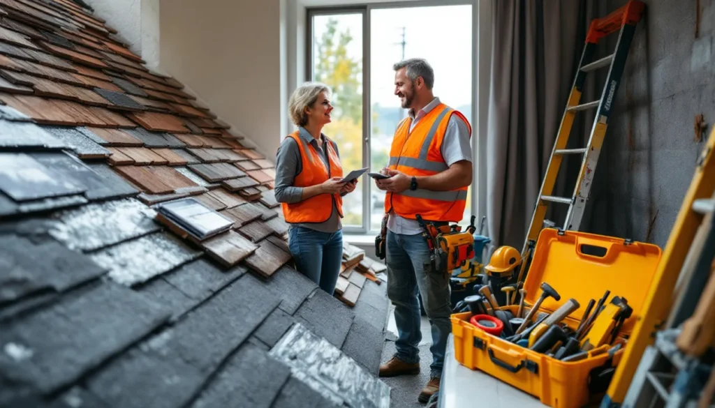 Picture of two contractors next to various roofing materials discussing their pros and cons.