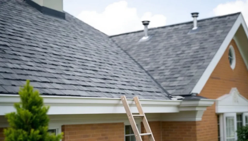 Picture of a home with a ladder leading up to the roof.