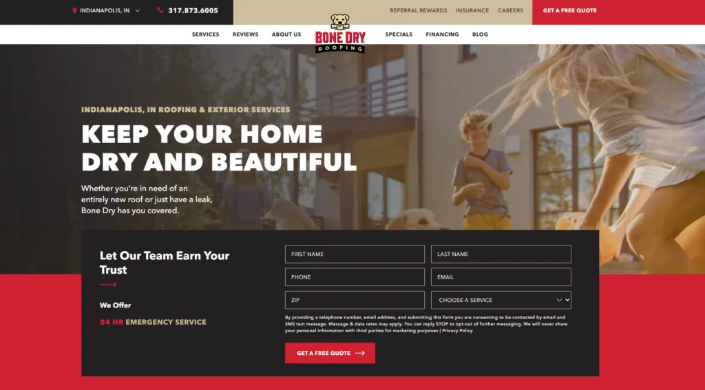 Screenshot of the home website page of Bone Dry Roofing in Indiana.