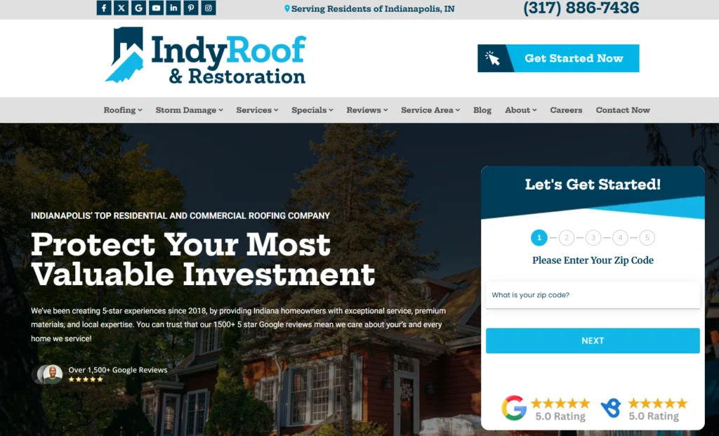 Screenshot of the Indy Roof & Restoration home website page.