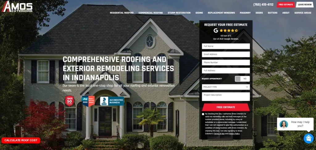 Screenshot of the home website page of Amos Exteriors in Indiana.