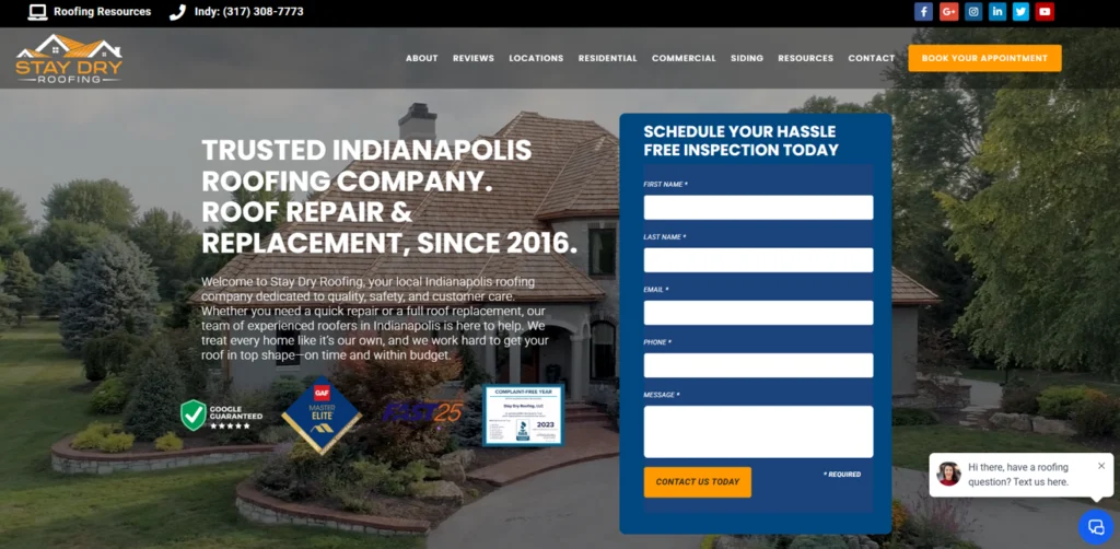 Screenshot of the home website page of Stay Dry Roofing in Indiana.