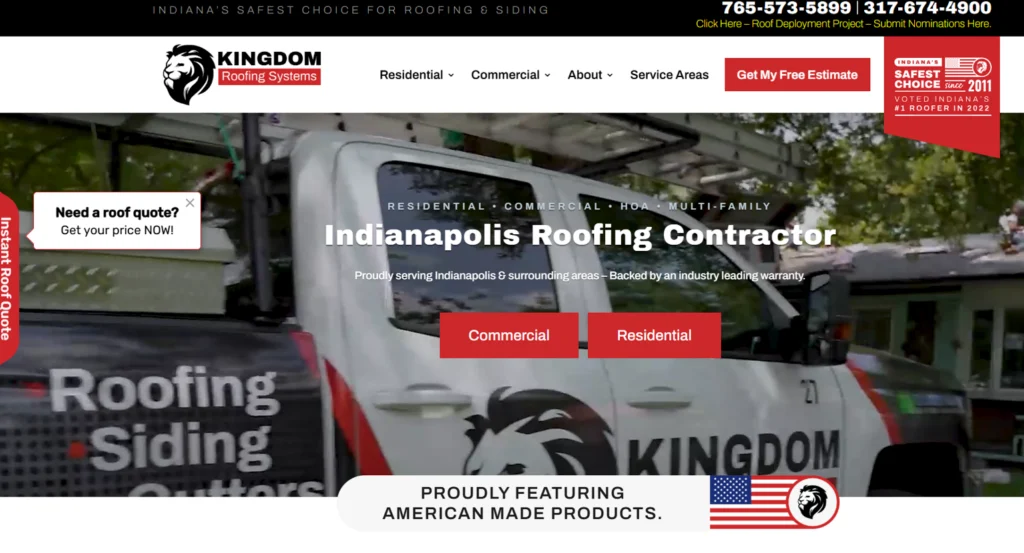 Screenshot of the home website page of Kingdom Roofing Systems.