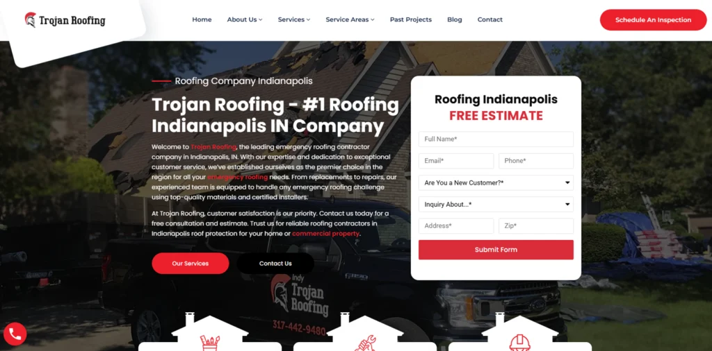 Screenshot of the home website page of Trojan Roofing in Indiana.