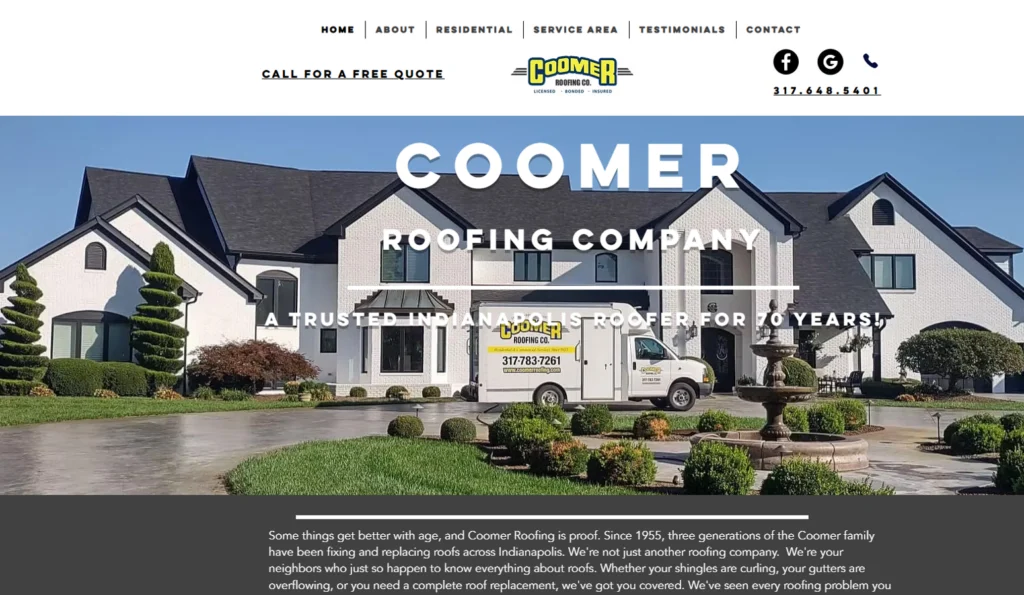 Screenshot of the Coomer Roofing home website page in Indiana.