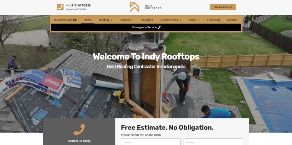 Screenshot of the home website page of Indy Rooftops.