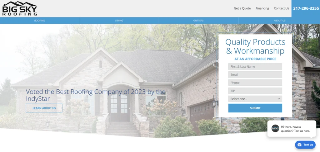 Screenshot of the home website page of Big Sky Roofing in Indiana.