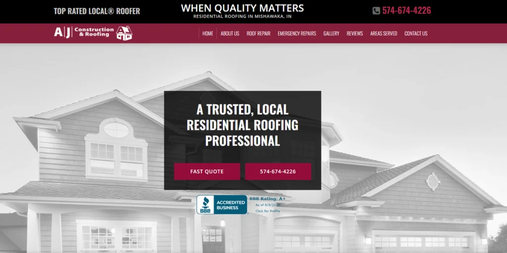 Screenshot of the home website page of AJ Construction and Roofing in Indiana.