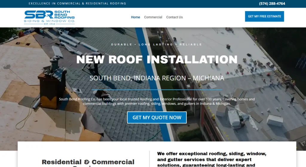Screenshot of the home website page of South Bend Roofing in Indiana.