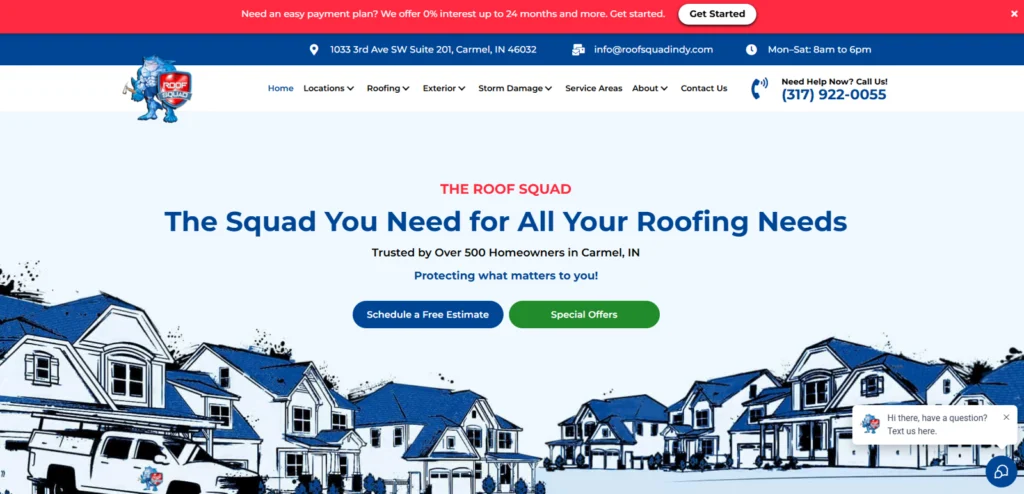 Screenshot of the home website page of The Roof Squad in Indiana.