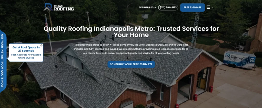 This is a screenshot of the home page of Rojas Roofing in Indiana.