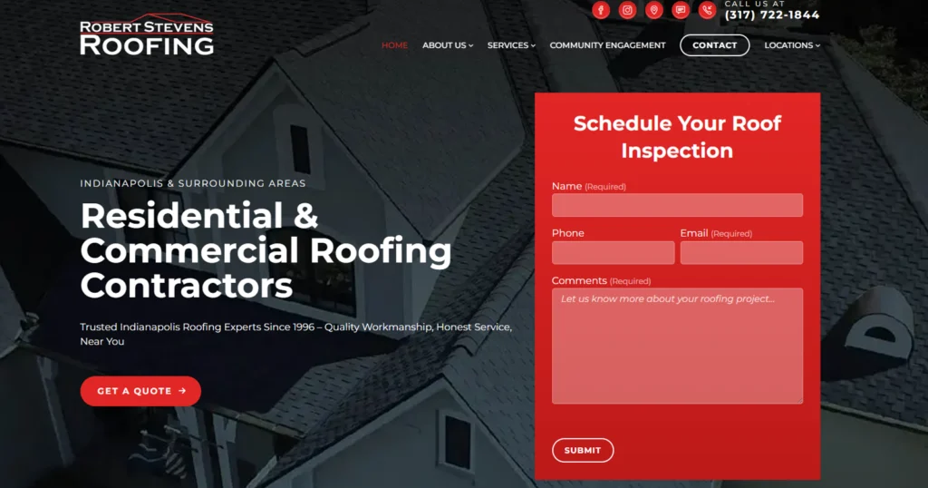 This is a screenshot of the home page of Robert Stevens Roofing in Indiana.