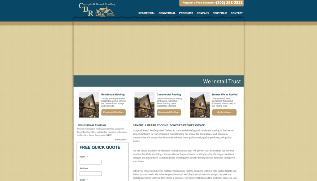 Homepage banner for Campbell Beard Roofing highlighting the best roofers in Denver, CO.   