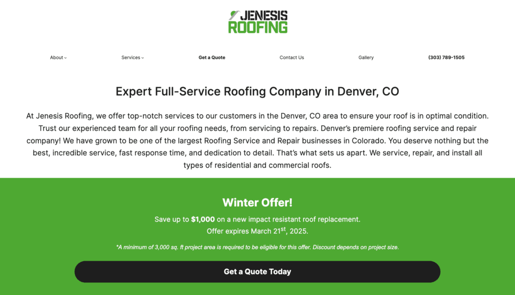 Jenesis Roofing homepage banner highlighting the best roofers in Denver, CO.   