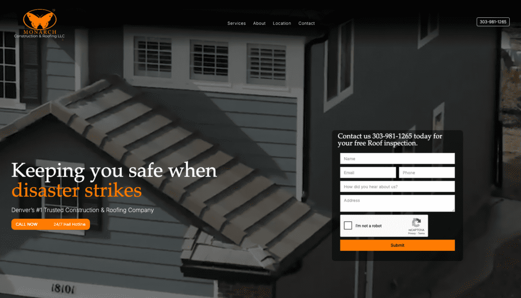 Monarch Construction & Roofing homepage banner highlighting the best roofers in Denver, CO.   