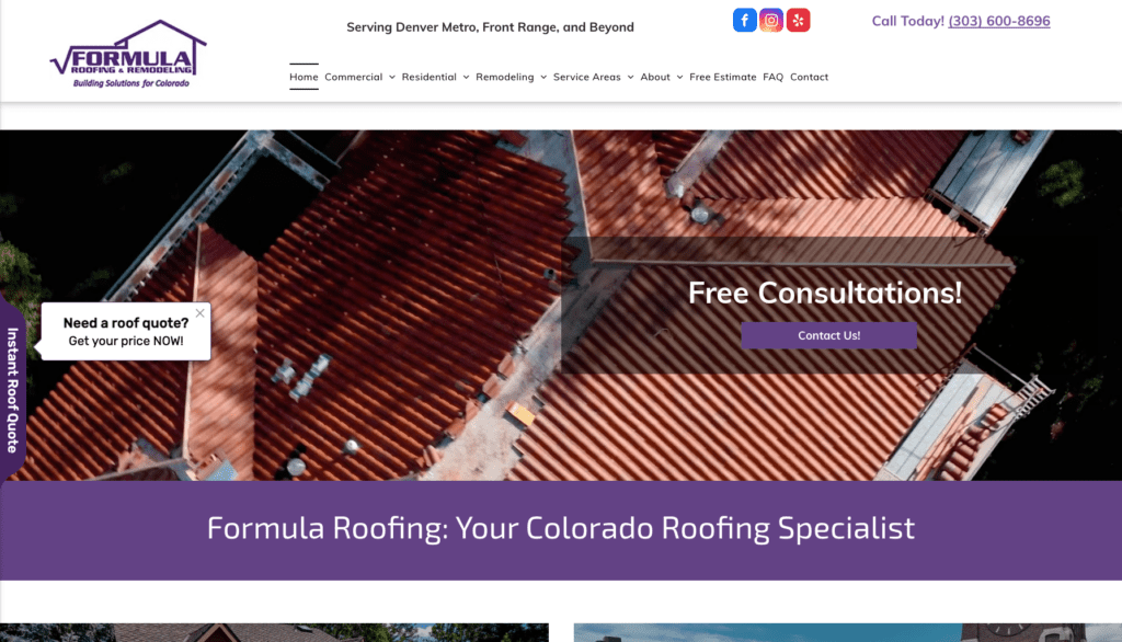 Formula Roofing homepage banner highlighting the best roofers in Denver, CO.   