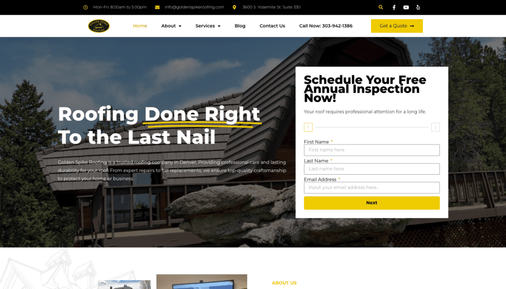 Golden Spike Roofing homepage banner highlighting the best roofers in Denver, CO.   