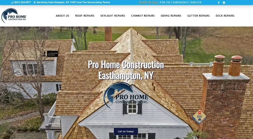 Website screenshot for roofing company.