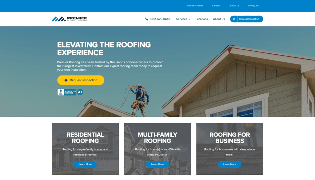 Premier Roofing Company homepage banner highlighting the best roofers in Denver, CO.   