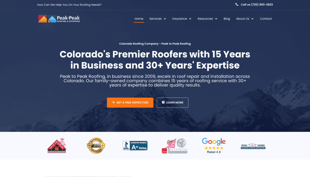 Peak To Peak Roofing & Exteriors, LLC homepage banner highlighting the best roofers in Denver, CO.   