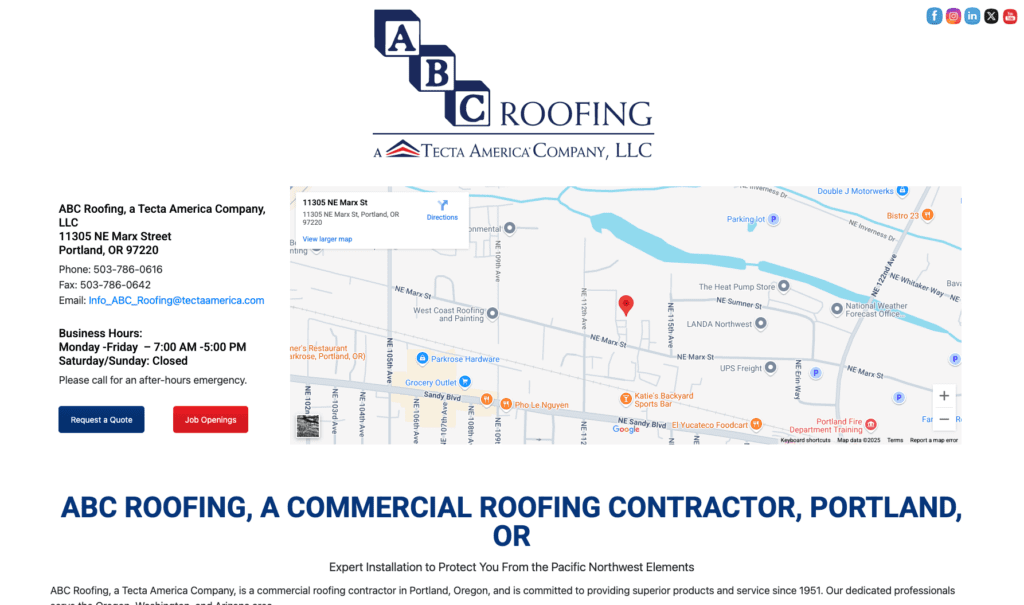 ABC Roofing, a Tecta America Company, LLC homepage banner,  highlighting roofing contractors in Portland.