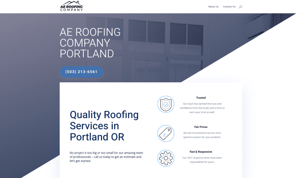 AE Roofing Company Portland homepage banner, highlighting roofing contractors in Portland.
