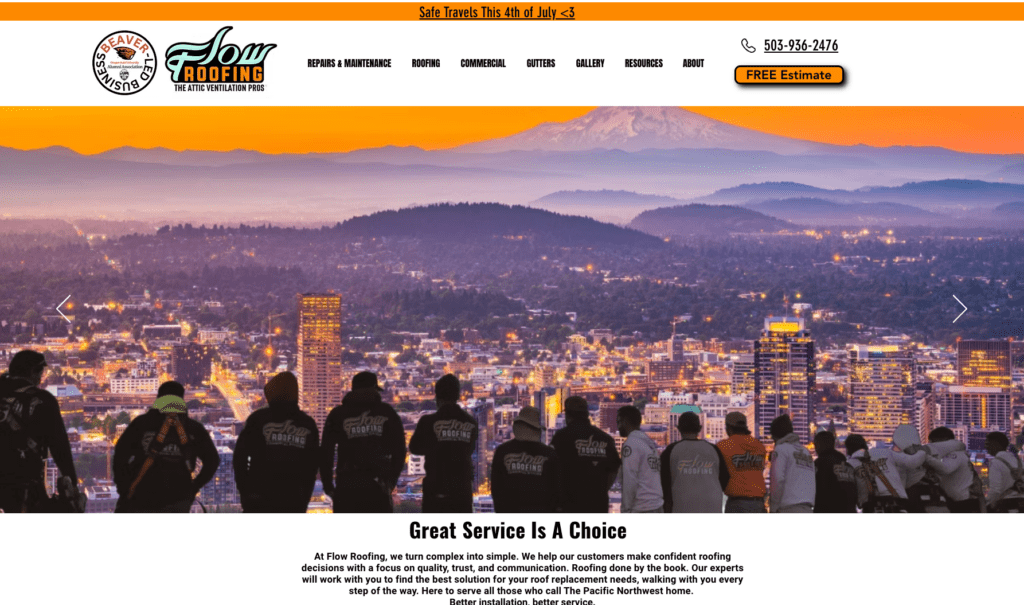 Flow Roofing & Gutters homepage banner, highlighting roofing contractors in Portland.