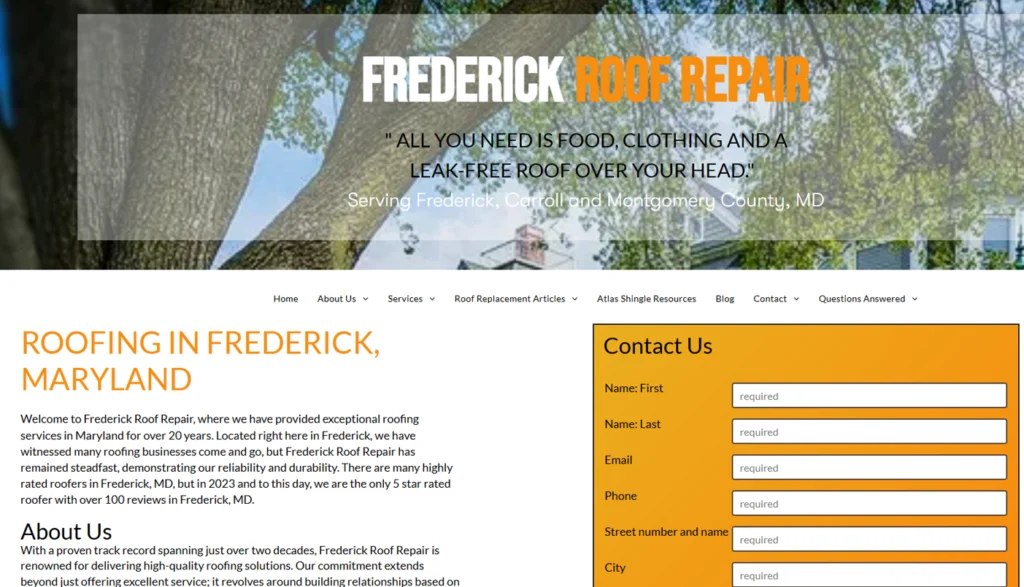 Frederick Roof Repair homepage.