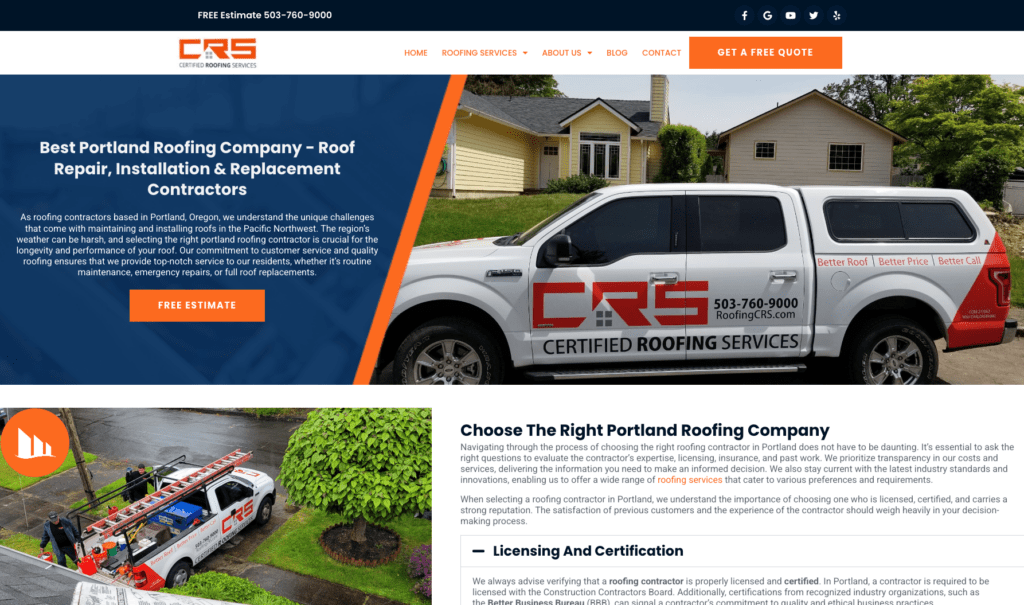 Certified Roofing Services homepage banner, highlighting roofing contractors in Portland.