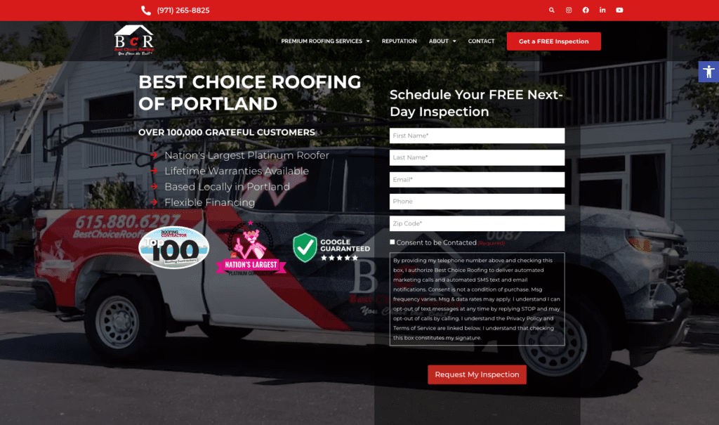 Best Choice Roofing homepage banner, highlighting roofing contractors in Portland.