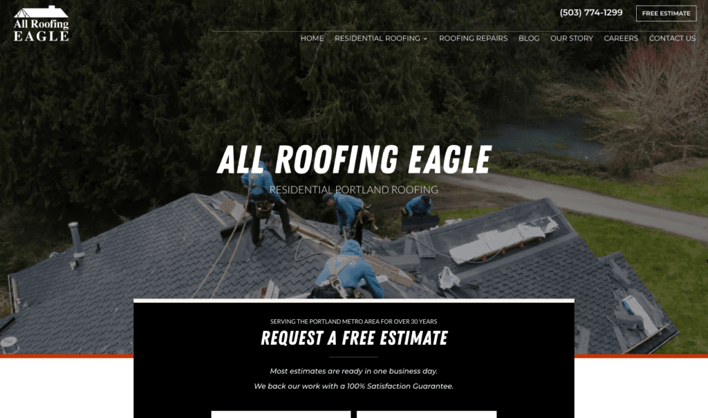 All Roofing Eagle Construction Inc homepage banner, highlighting roofing contractors in Portland.