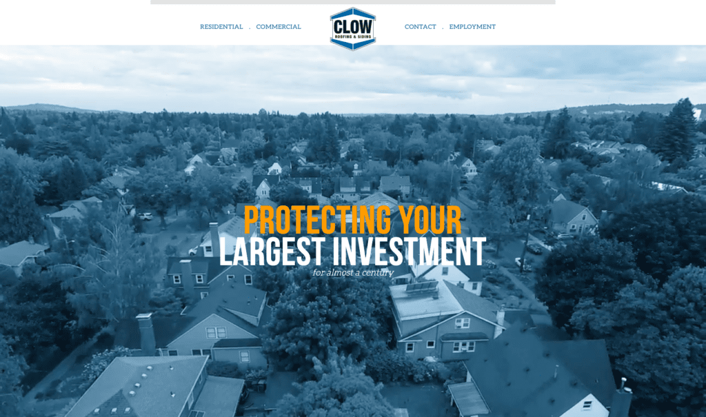 Clow Roofing & Siding Co homepage banner, highlighting roofing contractors in Portland.