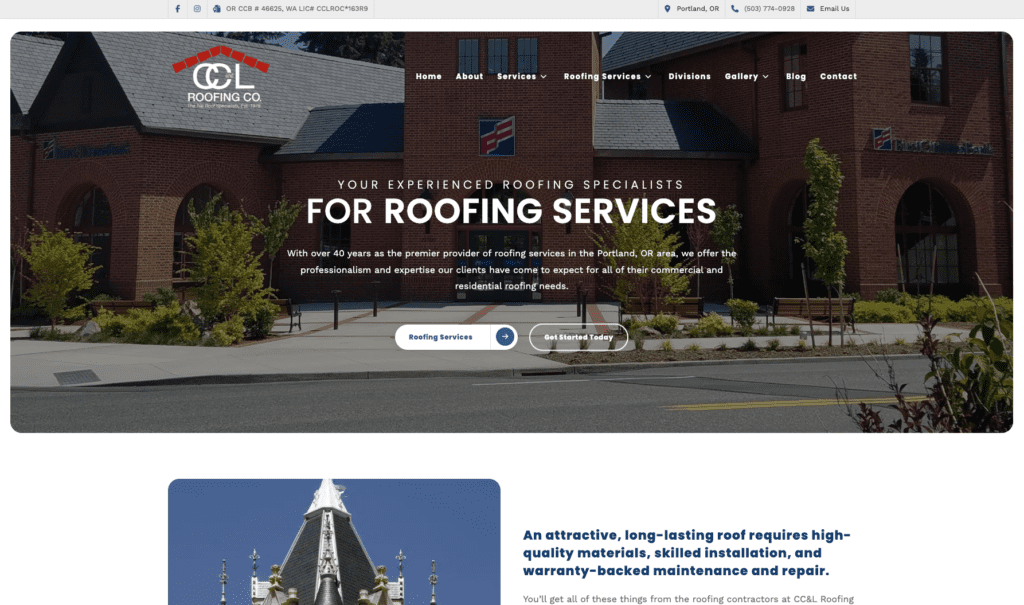 CC&L Roofing Co homepage banner, highlighting roofing contractors in Portland.