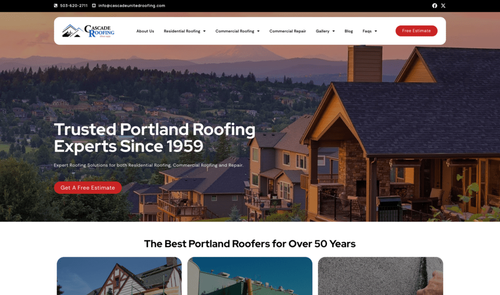 Cascade Roofing Portland homepage banner, highlighting roofing contractors in Portland.
