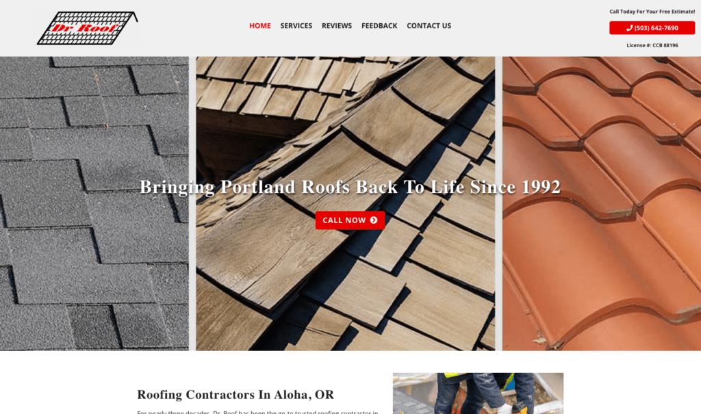 Dr. Roof homepage banner, highlighting roofing contractors in Portland.
