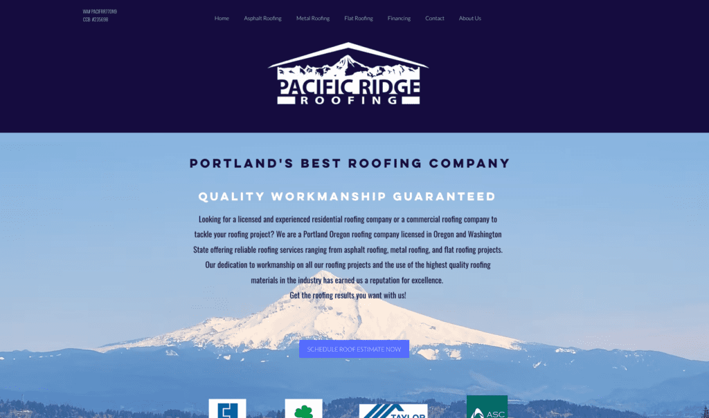 Pacific Ridge Roofing homepage banner, highlighting roofing contractors in Portland.