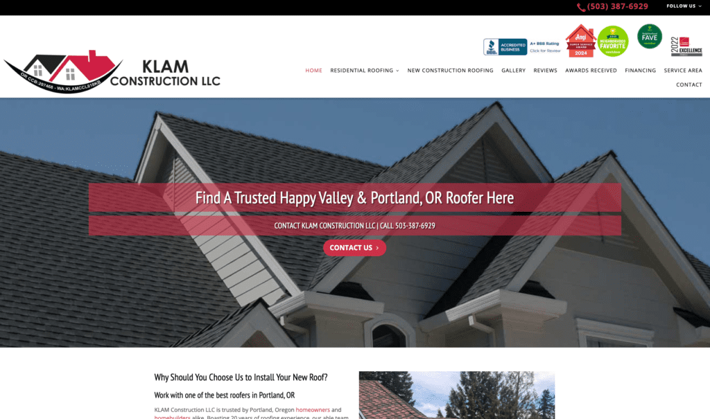 Klam Construction, LLC homepage banner, highlighting roofing contractors in Portland.
