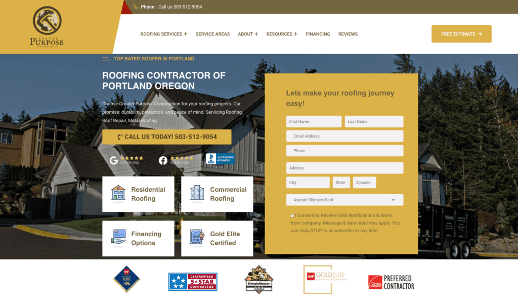 Greater Purpose Construction LLC homepage banner, highlighting roofing contractors in Portland.