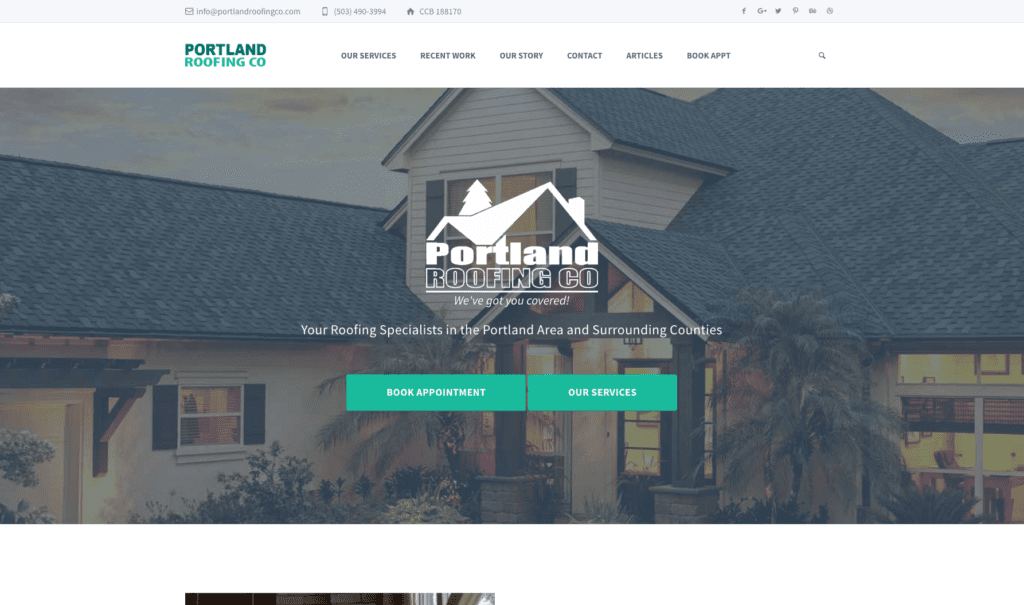 Portland Roofing Company LLC homepage banner, highlighting roofing contractors in Portland.