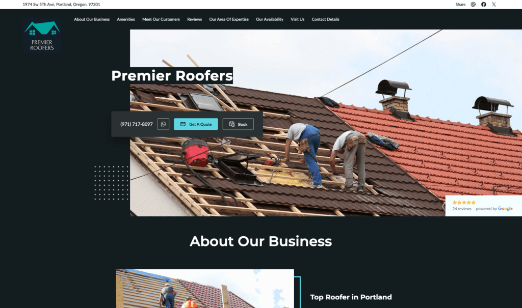 Premier Roofers homepage banner, highlighting roofing contractors in Portland.